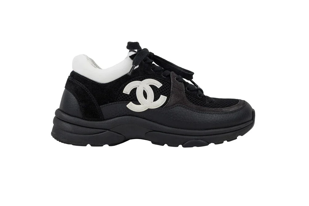 Chanel Black White Low-Top Lace-Up Sneakers Mesh Suede and Calfskin Size 38